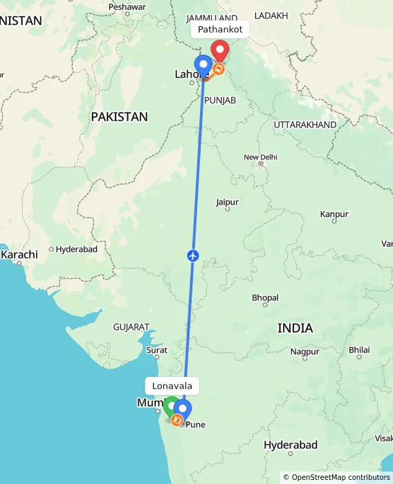 Route map showing distance and travel time from Lonavala, India to Pathankot, India