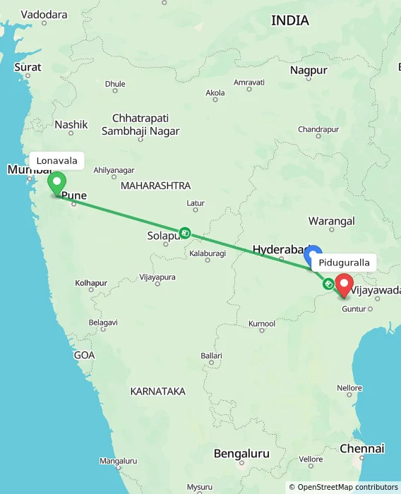 Route map showing distance and travel time from Lonavala, India to Piduguralla, India
