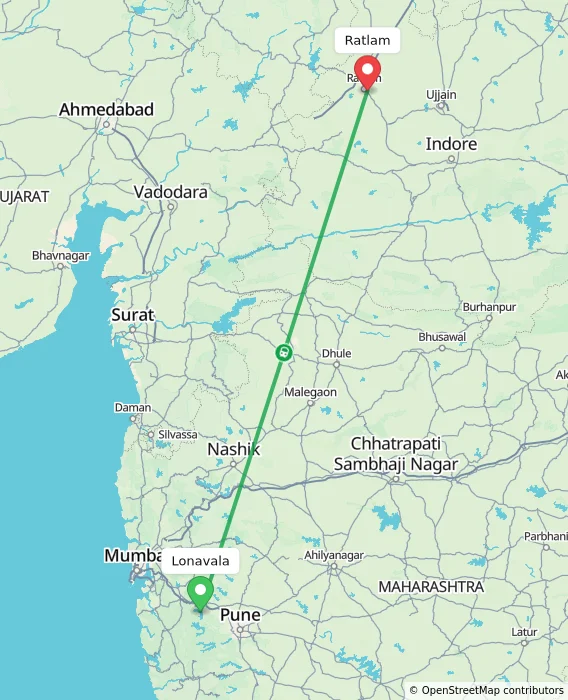 Route map showing distance and travel time from Lonavala, India to Ratlam, India