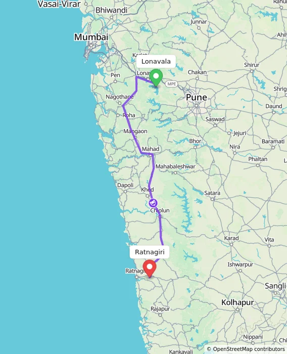 Route map showing distance and travel time from Lonavala, India to Ratnagiri, India