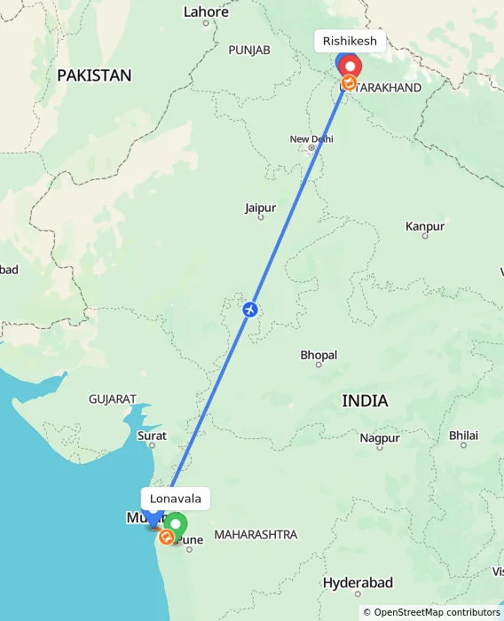 Route map showing distance and travel time from Lonavala, India to Rishikesh, India