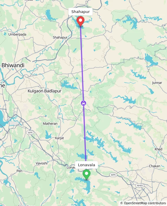 Route map showing distance and travel time from Lonavala, India to Shahapur, India