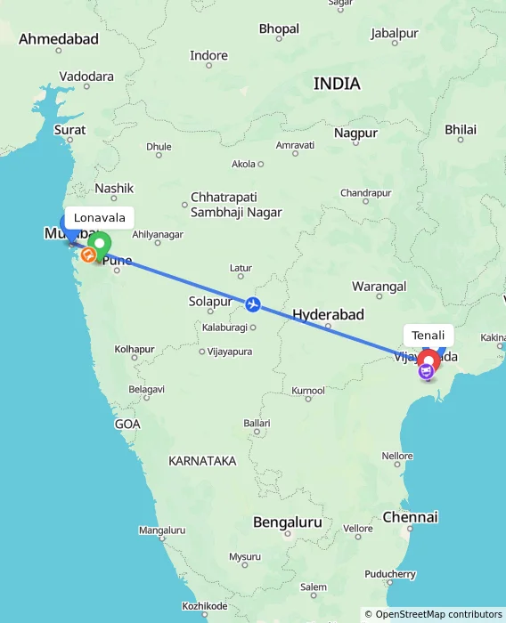Route map showing distance and travel time from Lonavala, India to Tenali, India