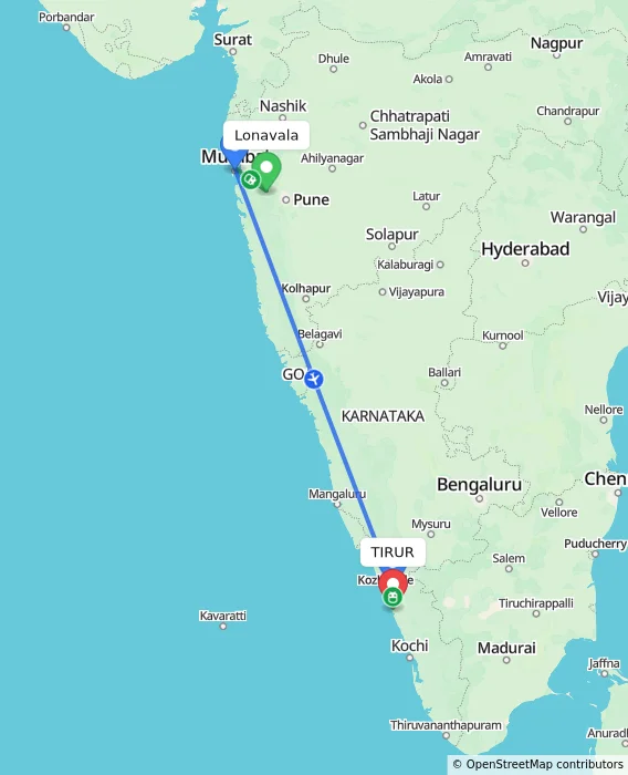 Route map showing distance and travel time from Lonavala, India to TIRUR, India