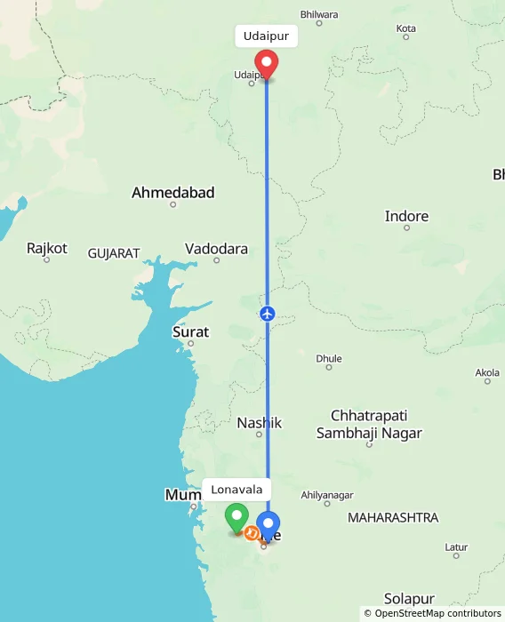 Route map showing distance and travel time from Lonavala, India to Udaipur, India