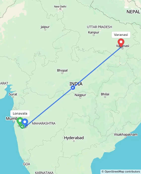 Route map showing distance and travel time from Lonavala, India to Varanasi, India