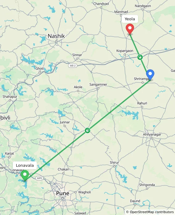 Route map showing distance and travel time from Lonavala, India to Yeola, India