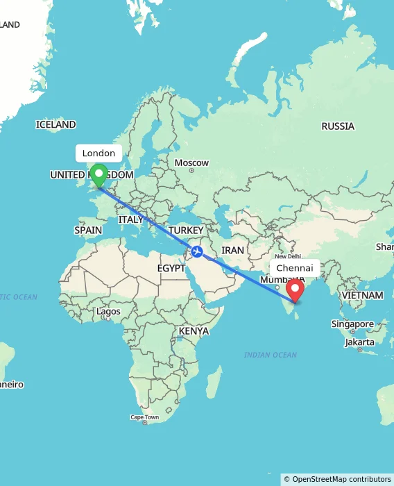 Route map showing distance and travel time from London, United Kingdom to Chennai, India