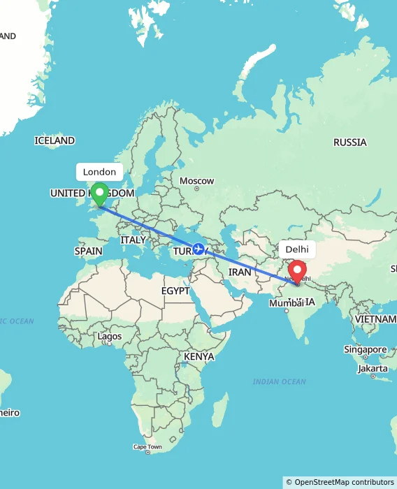 Route map showing distance and travel time from London, United Kingdom to Delhi, India