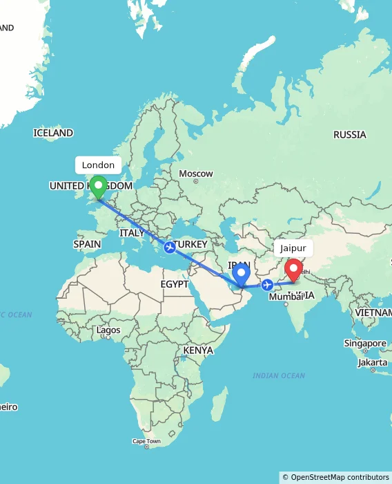 Route map showing distance and travel time from London, United Kingdom to Jaipur, India