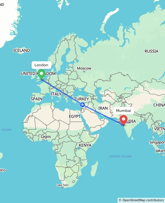 Route map showing distance and travel time from London, United Kingdom to Mumbai, India