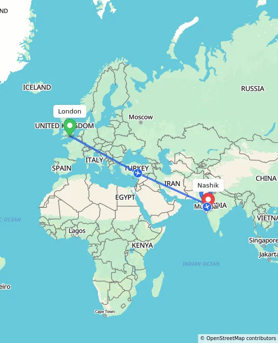 Route map showing distance and travel time from London, United Kingdom to Nashik, India