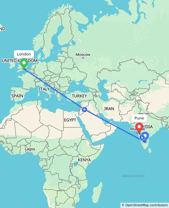 Route map showing distance and travel time from London, United Kingdom to Pune, India