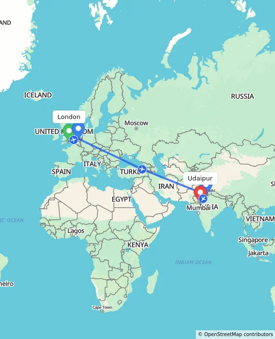 Route map showing distance and travel time from London, United Kingdom to Udaipur, India