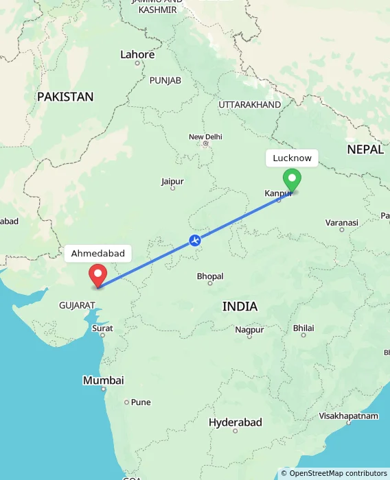 Route map showing distance and travel time from Lucknow, India to Ahmedabad, India