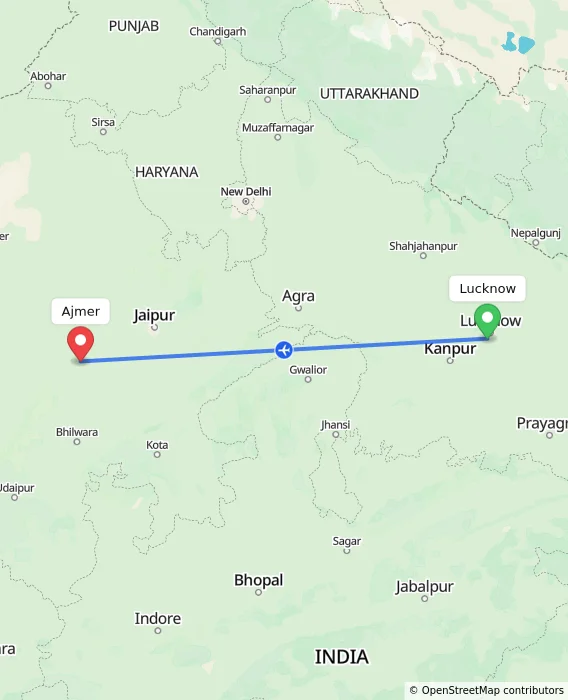 Route map showing distance and travel time from Lucknow, India to Ajmer, India