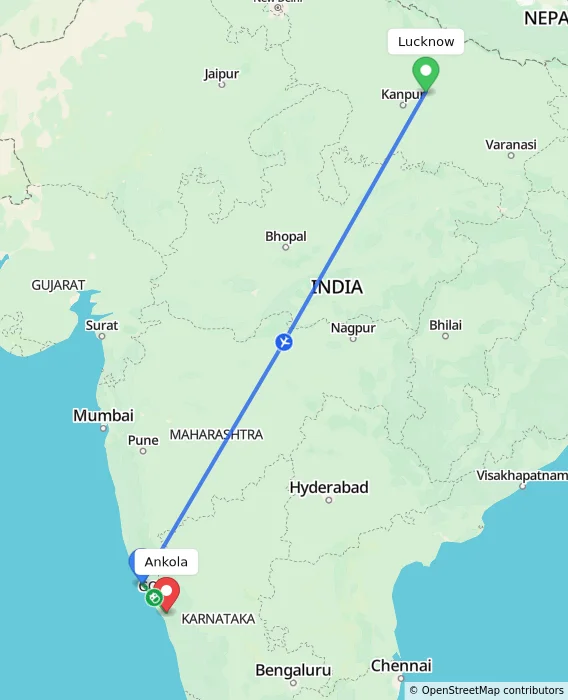 Route map showing distance and travel time from Lucknow, India to Ankola, India