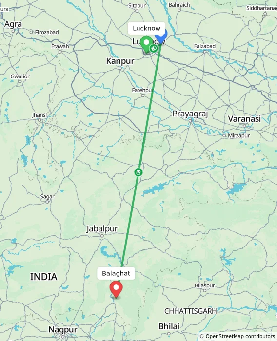 Route map showing distance and travel time from Lucknow, India to Balaghat, India
