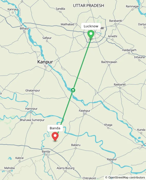 Route map showing distance and travel time from Lucknow, India to Banda, India