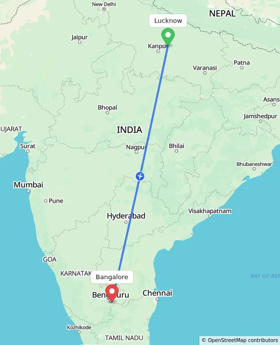 Route map showing distance and travel time from Lucknow, India to Bangalore, India