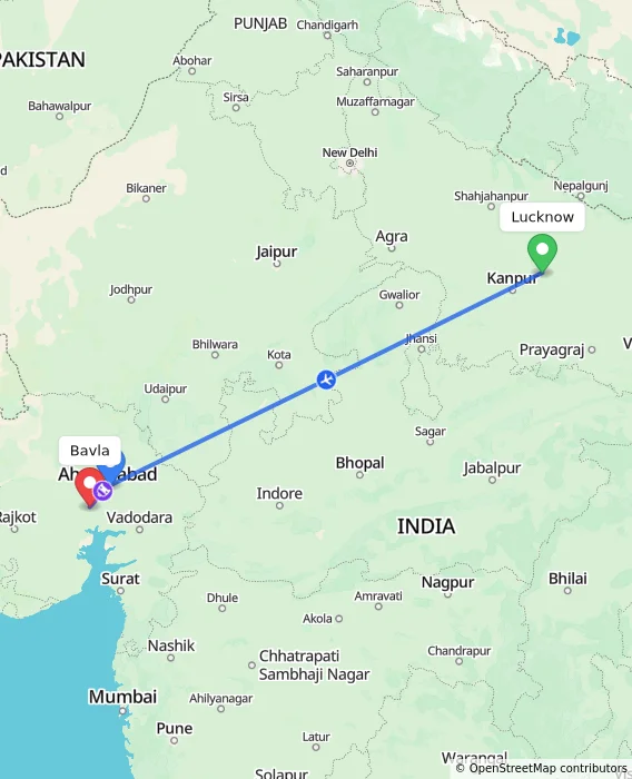 Route map showing distance and travel time from Lucknow, India to Bavla, India