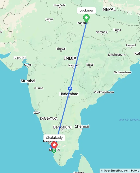 Route map showing distance and travel time from Lucknow, India to Chalakudy, India