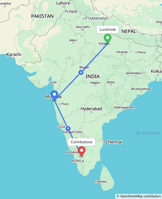 Route map showing distance and travel time from Lucknow, India to Coimbatore, India