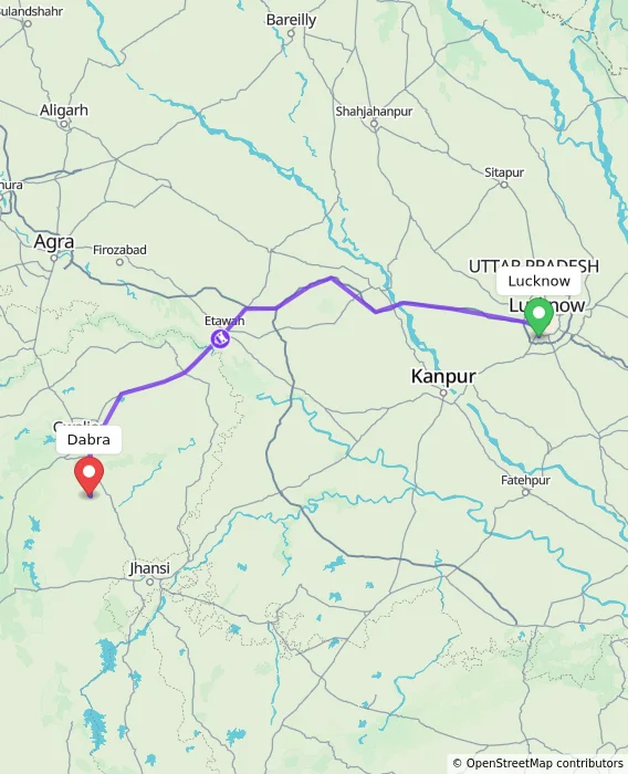 Route map showing distance and travel time from Lucknow, India to Dabra, India