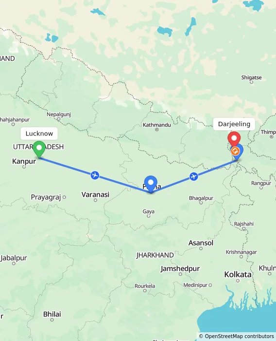 Route map showing distance and travel time from Lucknow, India to Darjeeling, India