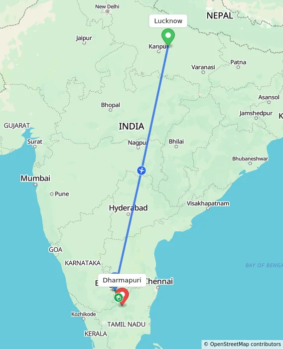 Route map showing distance and travel time from Lucknow, India to Dharmapuri, India