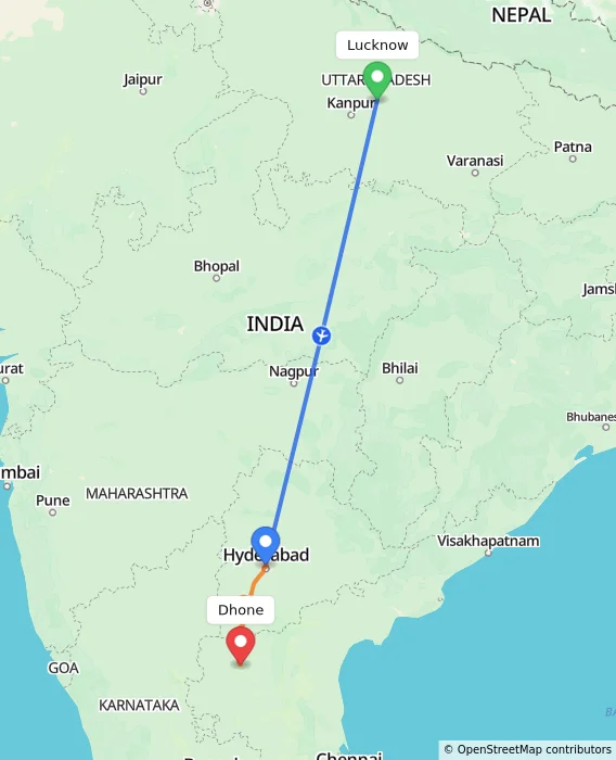 Route map showing distance and travel time from Lucknow, India to Dhone, India