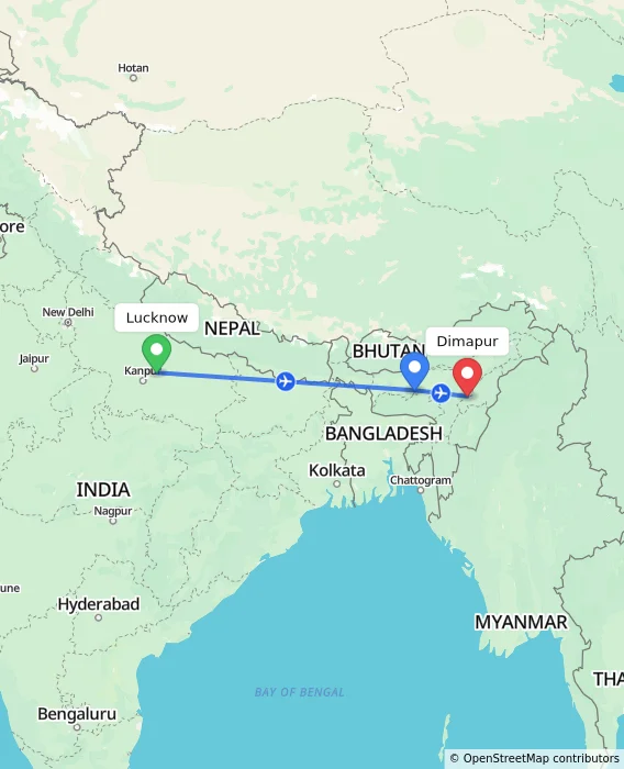 Route map showing distance and travel time from Lucknow, India to Dimapur, India
