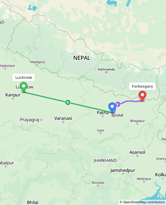 Route map showing distance and travel time from Lucknow, India to Forbesganj, India