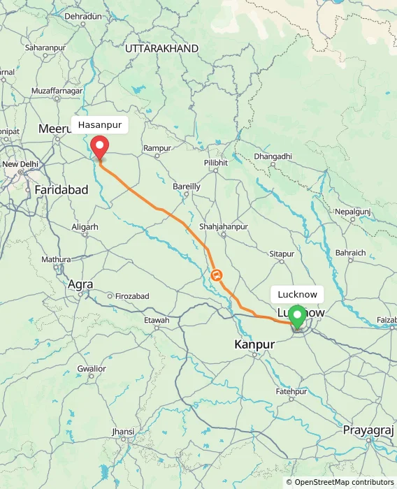Route map showing distance and travel time from Lucknow, India to Hasanpur, India