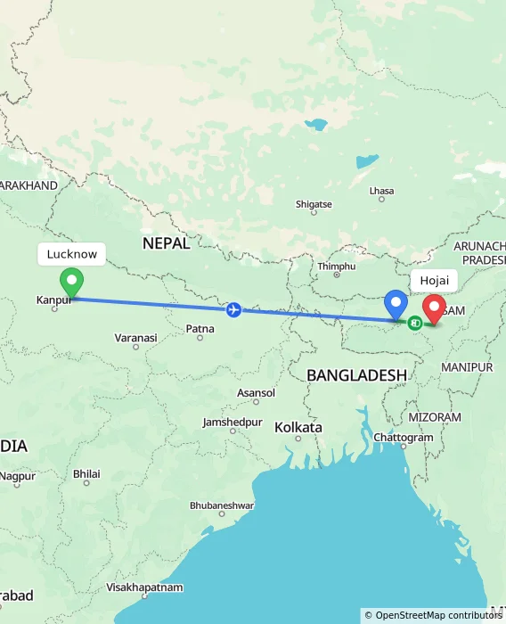 Route map showing distance and travel time from Lucknow, India to Hojai, India