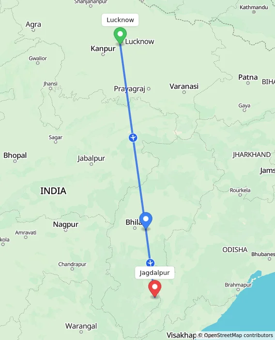 Route map showing distance and travel time from Lucknow, India to Jagdalpur, India
