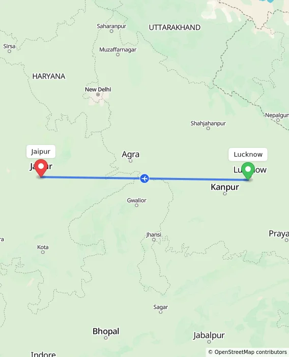 Route map showing distance and travel time from Lucknow, India to Jaipur, India