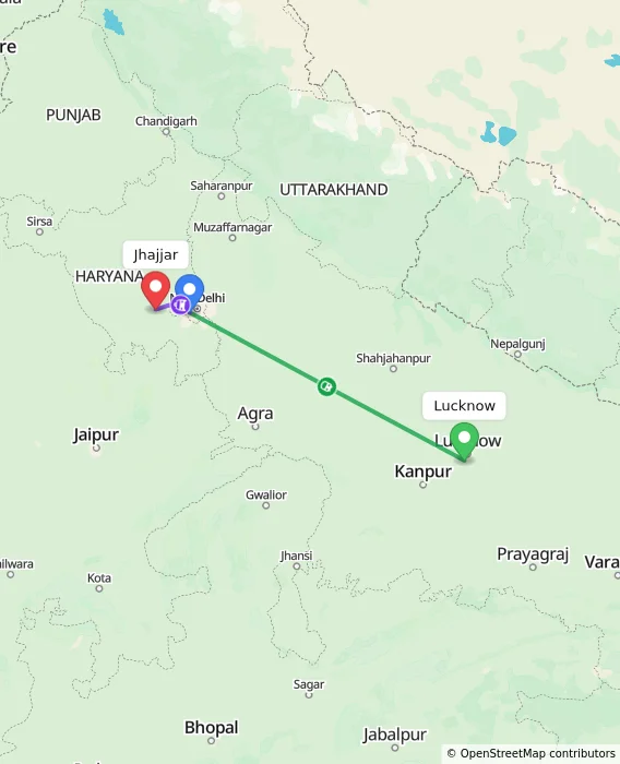 Route map showing distance and travel time from Lucknow, India to Jhajjar, India