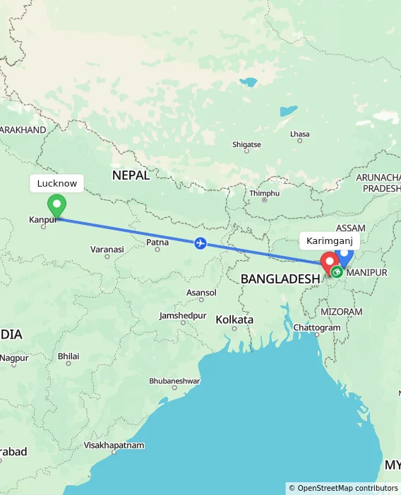 Route map showing distance and travel time from Lucknow, India to Karimganj, India