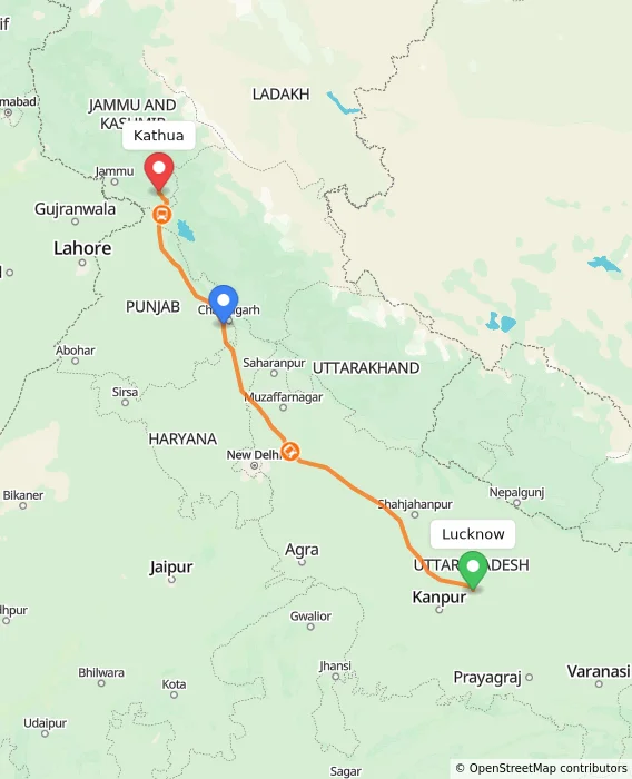 Route map showing distance and travel time from Lucknow, India to Kathua, India