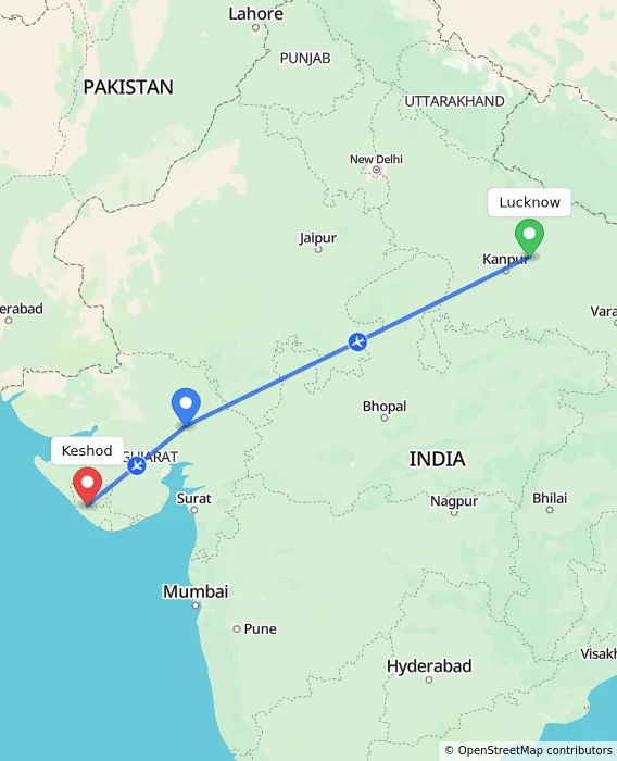 Route map showing distance and travel time from Lucknow, India to Keshod, India