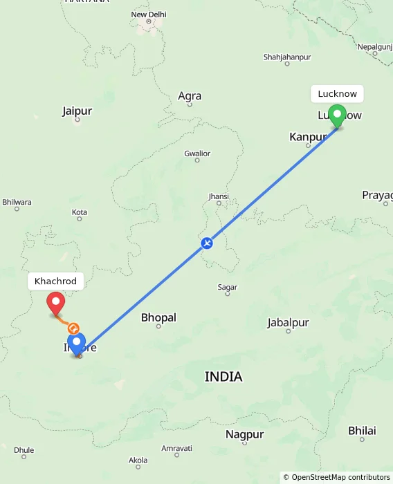 Route map showing distance and travel time from Lucknow, India to Khachrod, India
