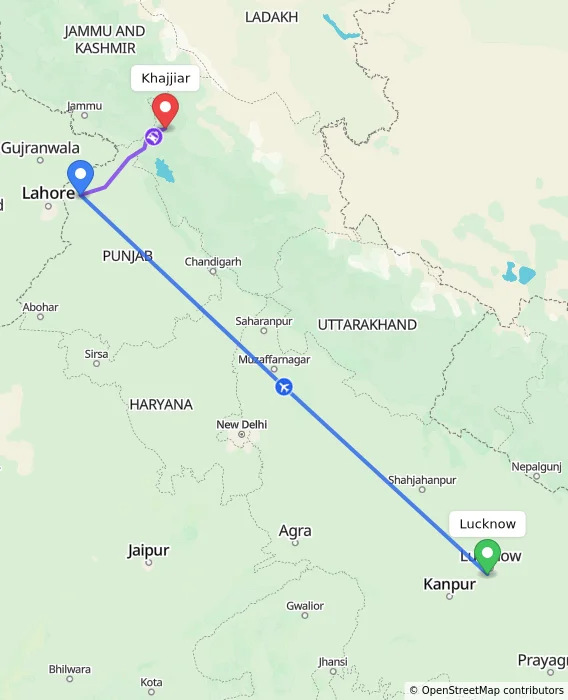 Route map showing distance and travel time from Lucknow, India to Khajjiar, India