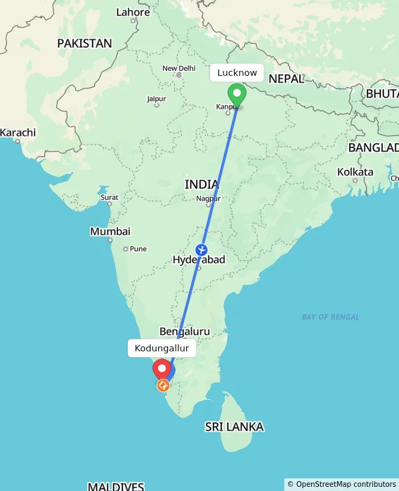 Route map showing distance and travel time from Lucknow, India to Kodungallur, India