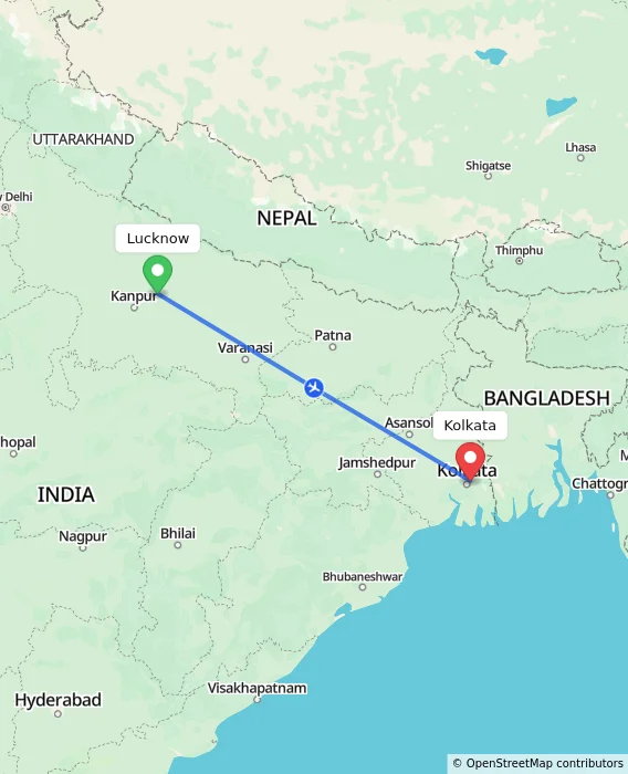 Route map showing distance and travel time from Lucknow, India to Kolkata, India