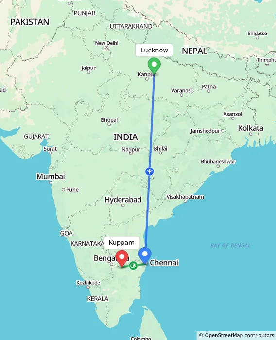 Route map showing distance and travel time from Lucknow, India to Kuppam, India
