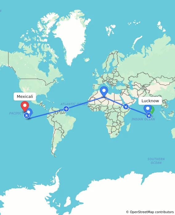 Route map showing distance and travel time from Lucknow, India to Mexicali, Mexico