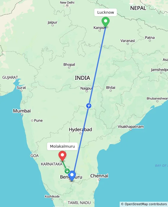Route map showing distance and travel time from Lucknow, India to Molakalmuru, India