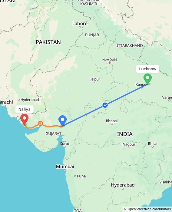 Route map showing distance and travel time from Lucknow, India to Naliya, India