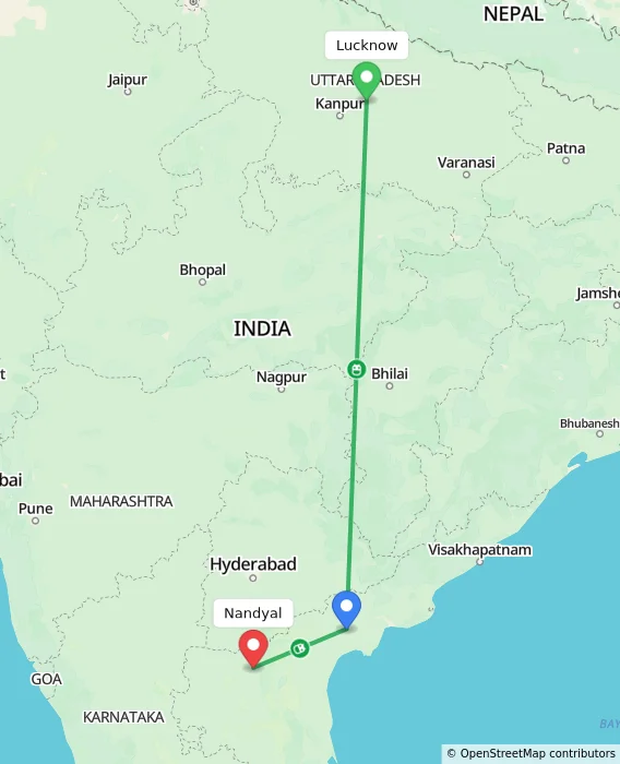 Route map showing distance and travel time from Lucknow, India to Nandyal, India